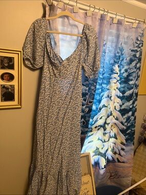 Blu Pepper Light Blue Floral Puff-Sleeve Maxi Dress